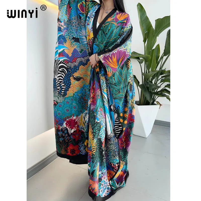 Middle East Autumn 2021 WINYI Women Cardigan Loose Long Dress Cocktail Party Boho Maxi African Holiday Batwing Sleeve Silk Robe