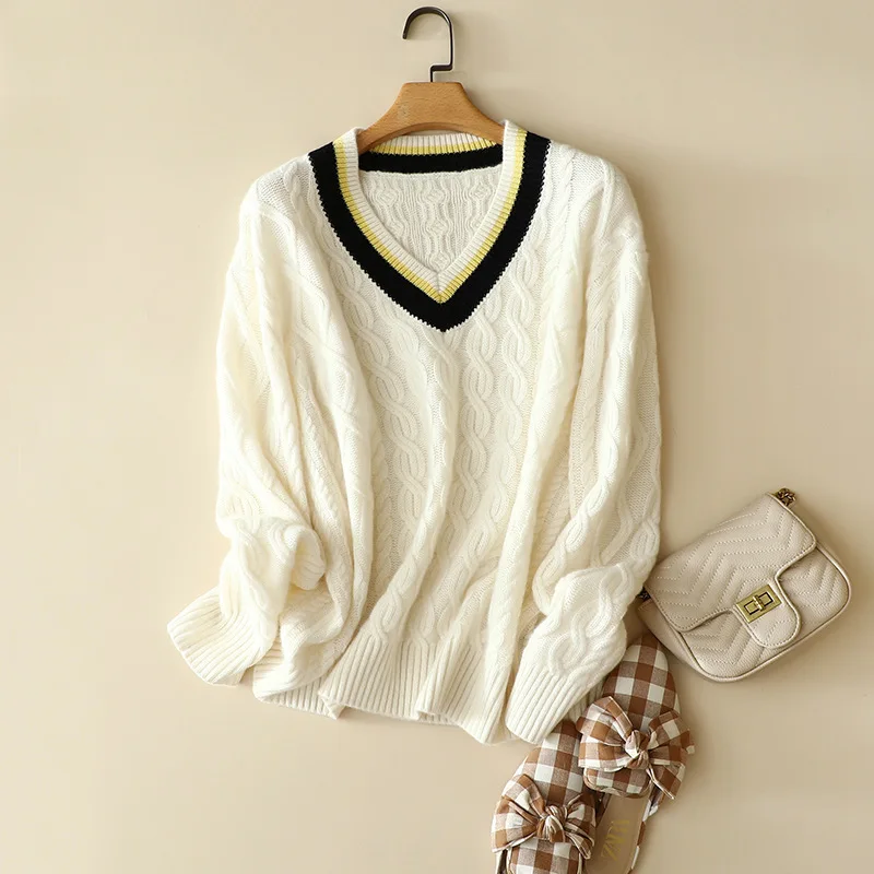 

aliaga 8 ply winter 100% cashmere contrast sweaters v neck long sleeve women's cable knitted europe fashion oversized jumpers