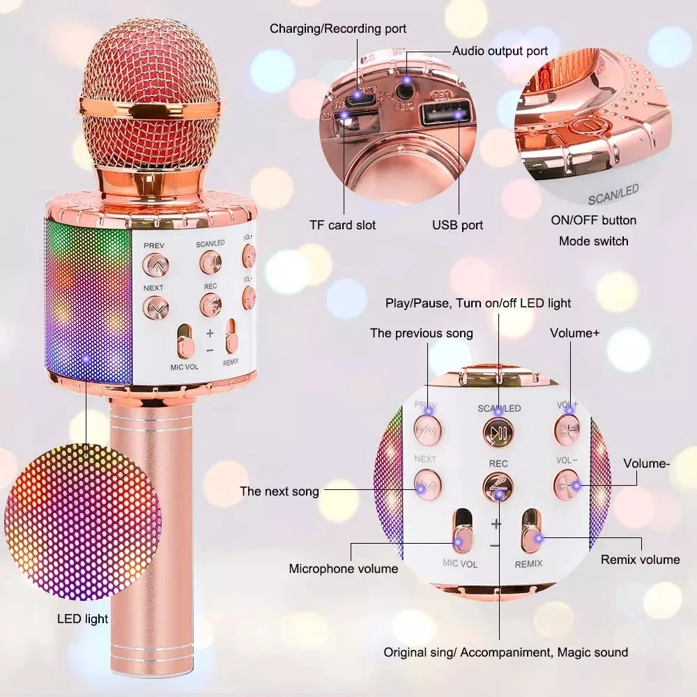Micro Hát Karaoke Không Dây Bluetooth Cầm Tay Di Động Nhà KTV Nhạc Nhảy Múa Đèn LED Kỷ Lục Chức Năng Dành Cho Trẻ Em