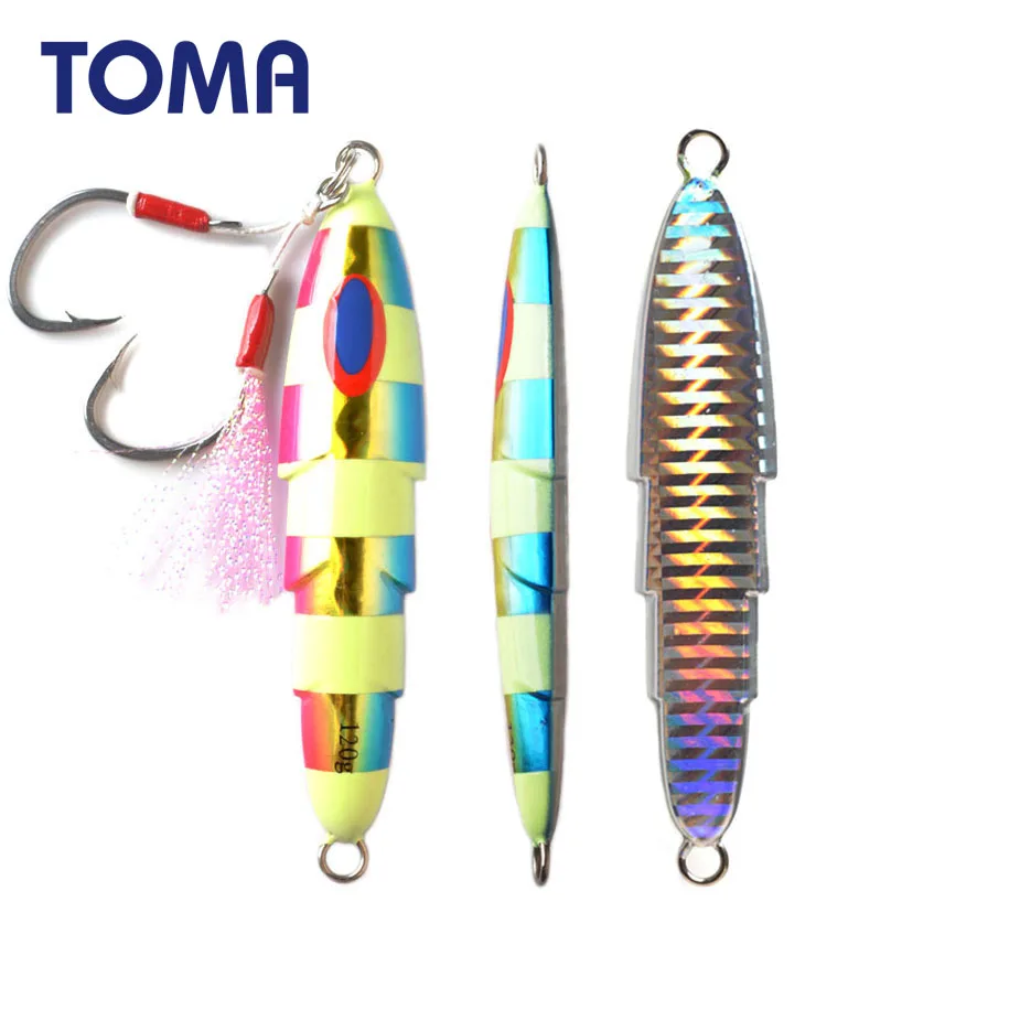 

TOMA 1pc Fishing Metal Jig Lead Fish 80g 120g Glow Luminous Slow Pitch Jigging Lure with Fishing Assist Hook Saltwater