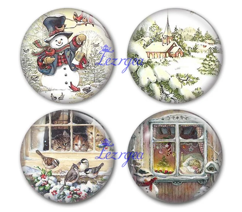 Handmade Merry Christmas Winter X-mas Round Photo Glass Cabochon Demo Flat Back ForJewellery Making Findings Accessories