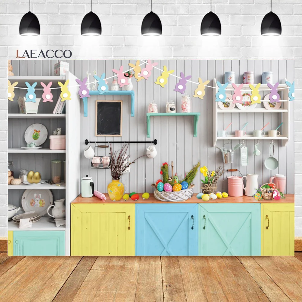 

Laeacco Easter Photography Background Modern Kitchen Interior White Rabbit Easter Eggs Kids Child Portriat Backdrop Photo Studio