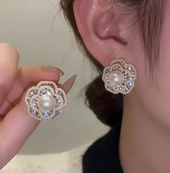 Super fairy temperament flower pearl rhinestone earrings wild personality fashion elegant women earrings