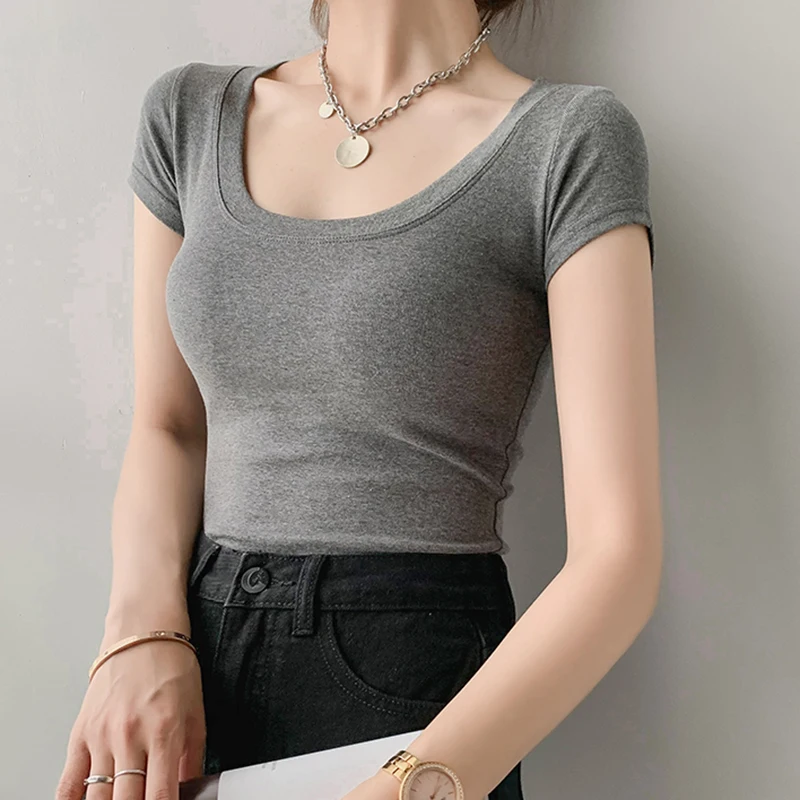 AOSSVIAO 100% Cotton T Shirt Women Summer New Slim Solid Basic Tees 16 Color Casual Tshirt Korean O Neck Khaki Tops