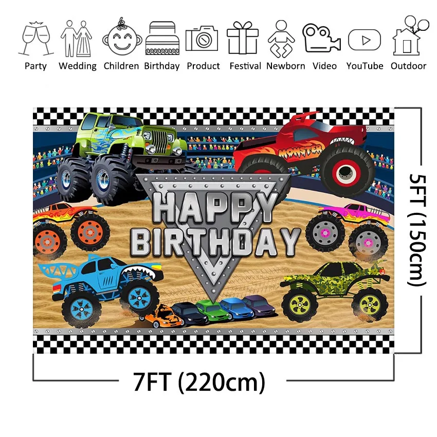 Mocsicka-Toile de Fond Monster Truck pour Enfants, Voitures de Course, Grave Digger, Décoration de ixd'Anniversaire pour Garçons, Fond de Photographie, Photoshoot