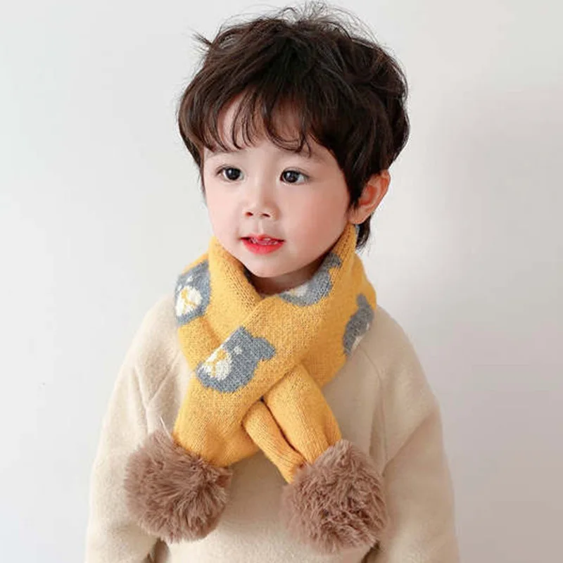 Cute Bear Kids Cross Scarf for Boys Girls Winter Warm Jacquard Knitted Collar Neck Ring Scarf Children Scarves 1-8T New Arrivals