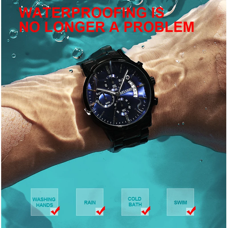 BELUSHI Mens Watches Full Steel Chronograph Waterproof Sport Quartz Watch Men Top Brand Luxury Wristwatches Relogio Masculino