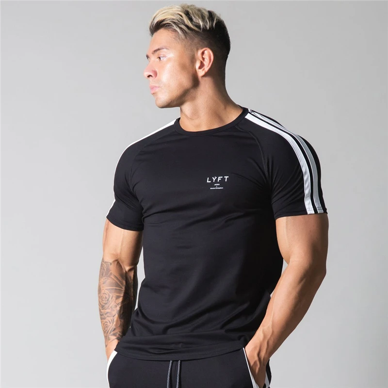 Side Striped GYM Running Men T Shirt Short Sleeve Sports T-Shirts Bodybuilding Fitness Mens Workout Cotton T-Shirt Men Shirt