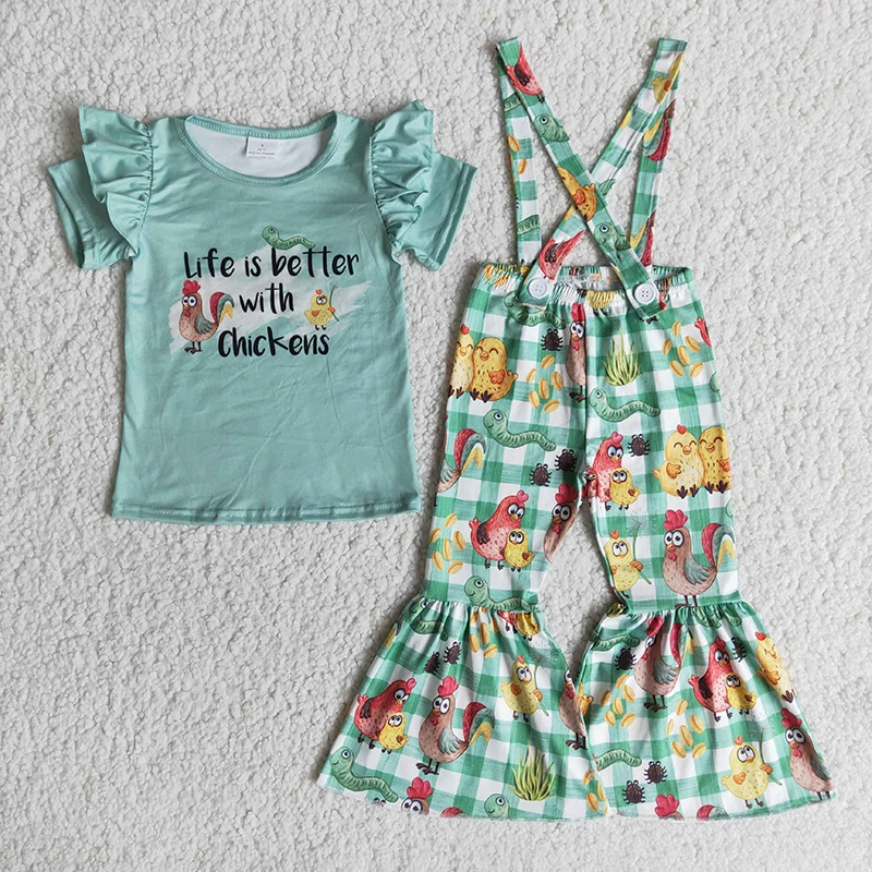 

Wholesale Children Baby Girls New Clothing Set Green Life Is Better With Chickens Kids Plaid Bells Pants Toddler Outfit Overalls