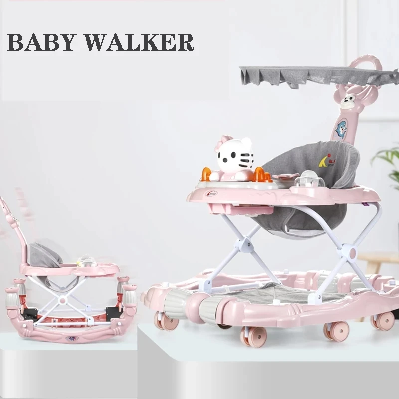 Foldable Baby Walker With Toy Anti-rollover Musical Walker Hand Push Trolley Rocking Horse For 6-18month