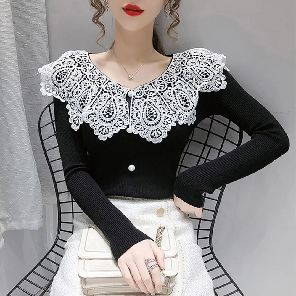 Sweet Autumn Spring Style Women Knitted Pullover Tops Lady Casual Long Sleeve Peter Pan Collar Sweater Pullover