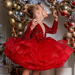 Kids Pageant Dresses Sequin Tutu Flower Girl Dress Customized Sparkling Ruffles Tulle Girl's Birthday Paarty Gowns Big Bow