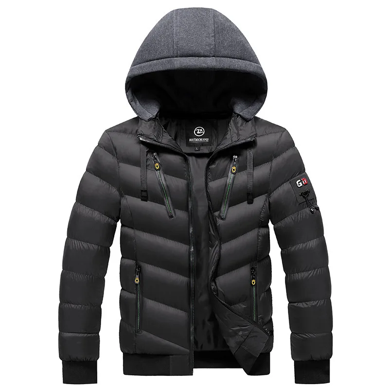 2021 Cotton-padded Jacket Men\'s Winter Hooded Jacket Solid Color Casual Plus Velvet Silk-like Cotton Jacket