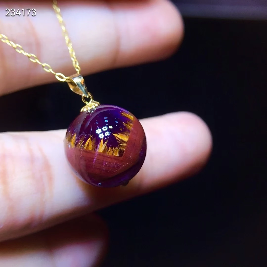 

Natural Auralite 23 Cacoxenite Red Rutilated Quartz Pendant 15mm Round Sphere Ball Women Men Necklace AAAAA