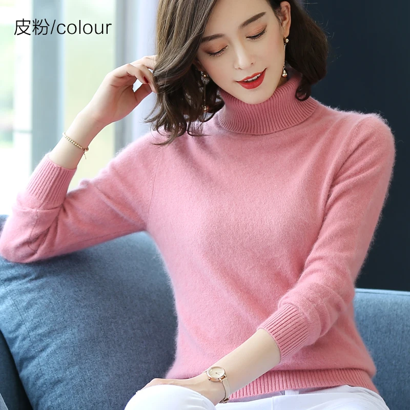 Winter Women Sweater Solid Color 100% Mink Cashmere Turtleneck Knitted Pullovers Loose Soft Warm Female Long Sleeve Sweater