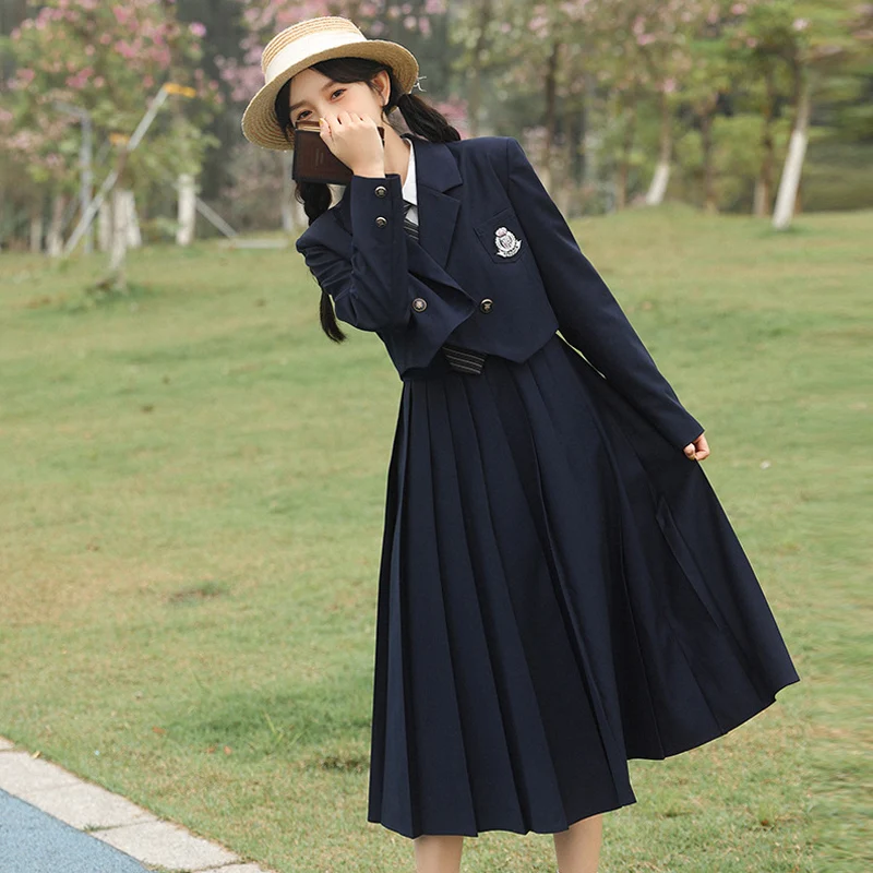 School Uniform for Women Solid Color Long Sleeve Jk Suit Coats New Tie Shirt Sling Pleated Skirt College Style Formal Clothes