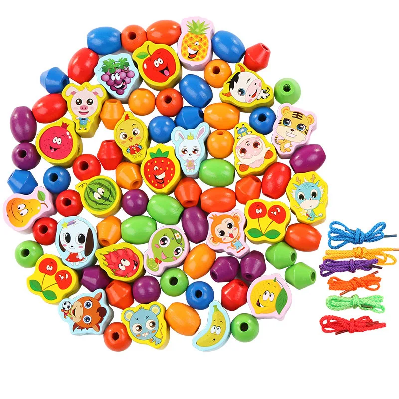 72 Pcs Baby Early Education Props Wooden Cartoon Animal Toys Stringing Lacing Wooden Threading Beads Game Diy Accessories Beads