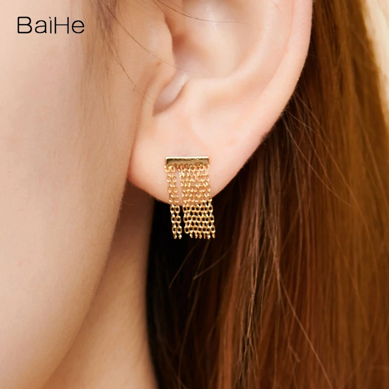 BAIHE Real Solid 14K Yellow Gold Tassel Stud Earrings Women Trendy Wedding Engagement Fine Jewelry pendientes mujer kolczyki