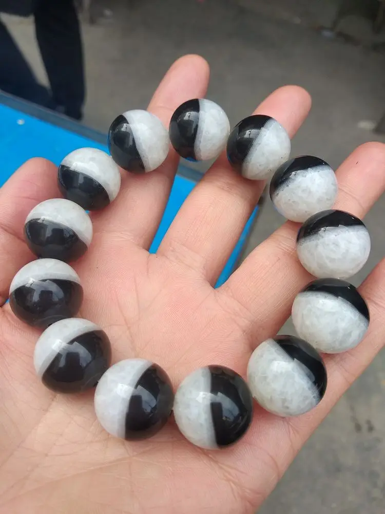 18mm Nature Tibet Dzi Bead Bangle Black White vein Mala Bead Bracelet Rosary Amulet Lucky Blessing