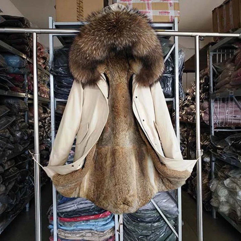 New winter coat jacket oversized raccoon fur collar pie overcoming hooded fur snow winter coat in long real rabbit fur liner