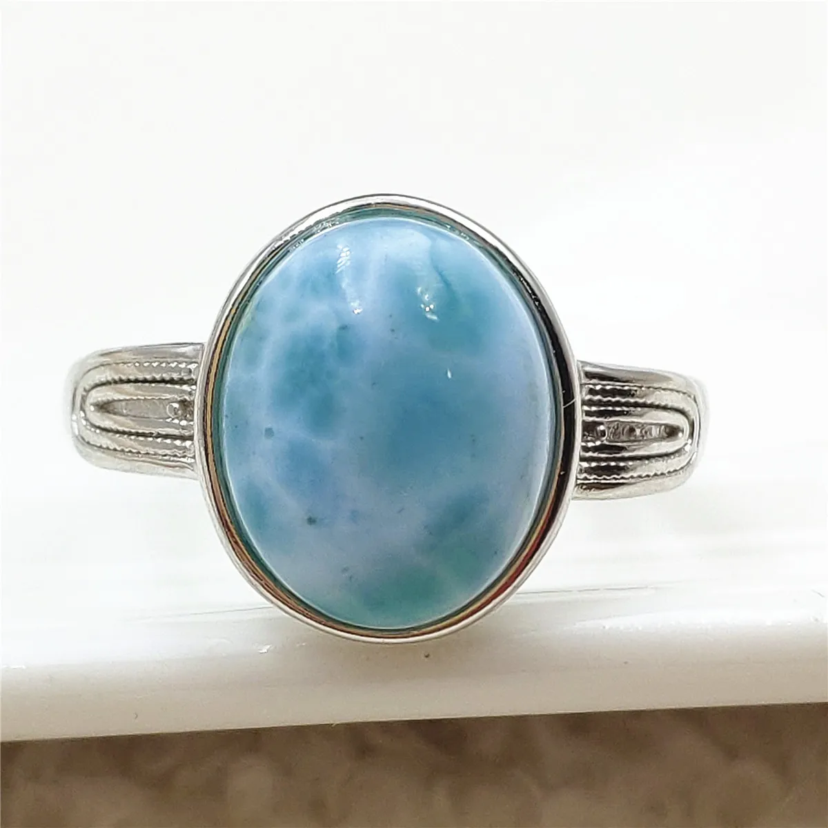 

Natural Larimar Blue Adjustable Ring 12x10mm Gemstone From Dominia Water Pattern Oval 925 Sterling Silver AAAAAA