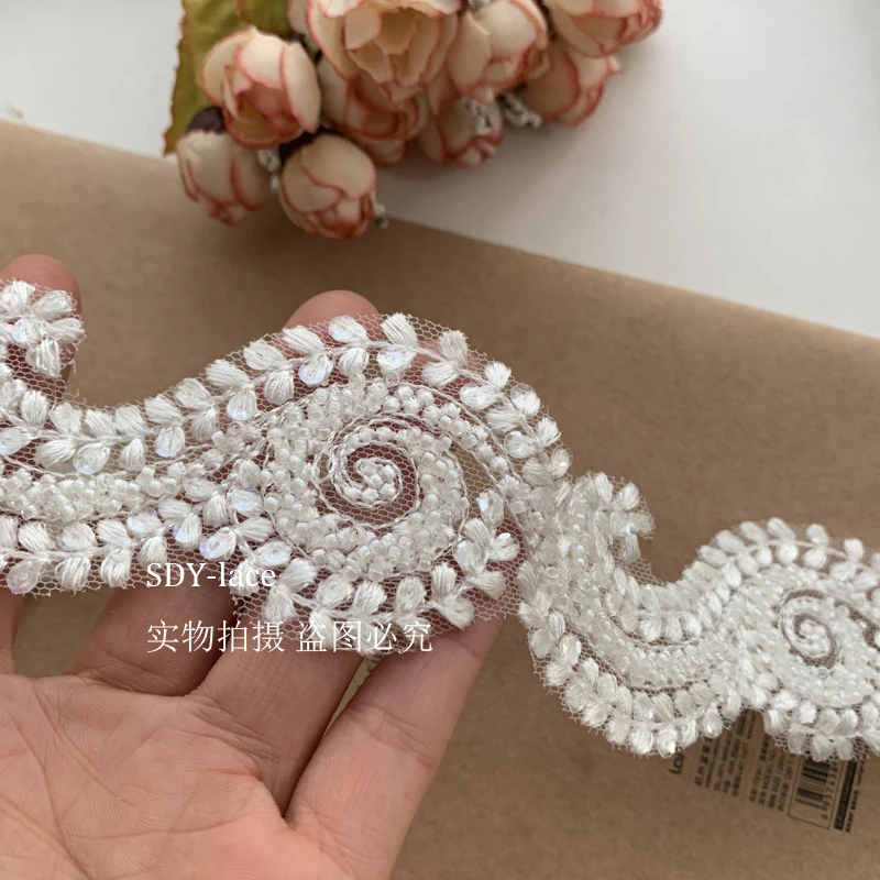 Special design beaded lace trim Ivory color, 5 yards narrow trim border lace trimming 5cm, wedding veils, dress diy lace