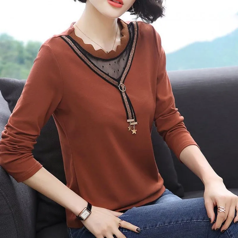 

Mesh Patchwork Beading Autumn Female T-shirt Long Sleeve Women's T-shirt Cotton T Shirt Winter Tops Tees Brand Fashion Camisetas