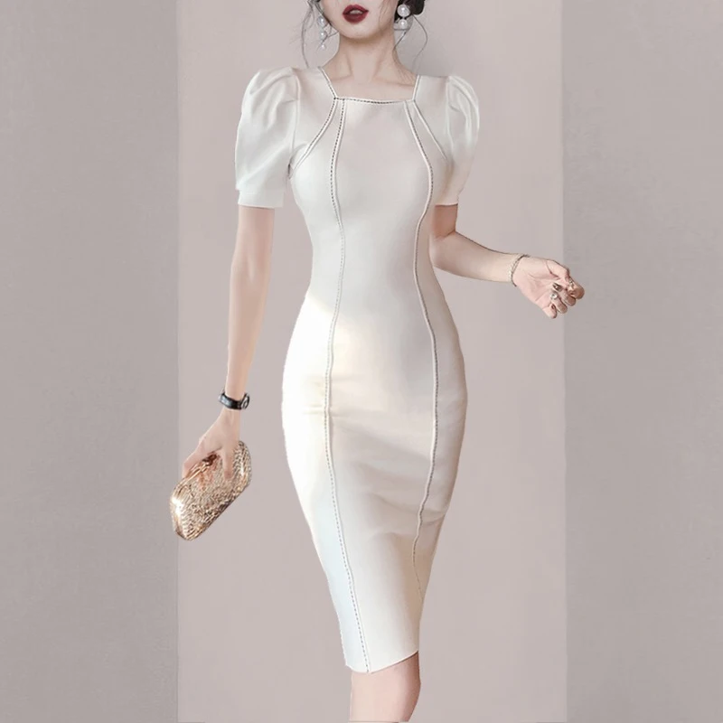 

JSXDHK High Quality Summer Office OL Bandage Dress 2021 Elegant Women Short Puff Sleeve Square Collar White Bodycon Pencil Dress