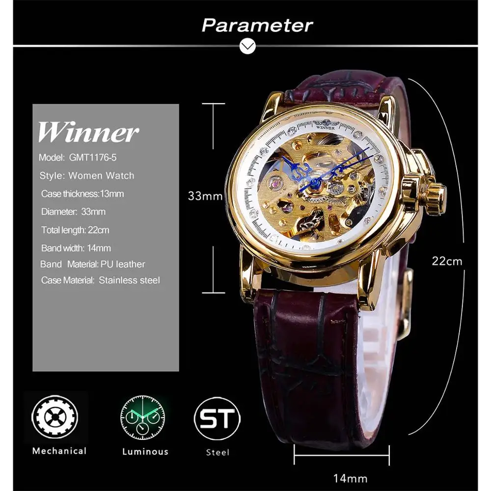 Winner 2019 Mechanial Women Watches Fashion Retro Leather Strap Automatic Ladies Wristwatch High Quality Skeleton Female Clock