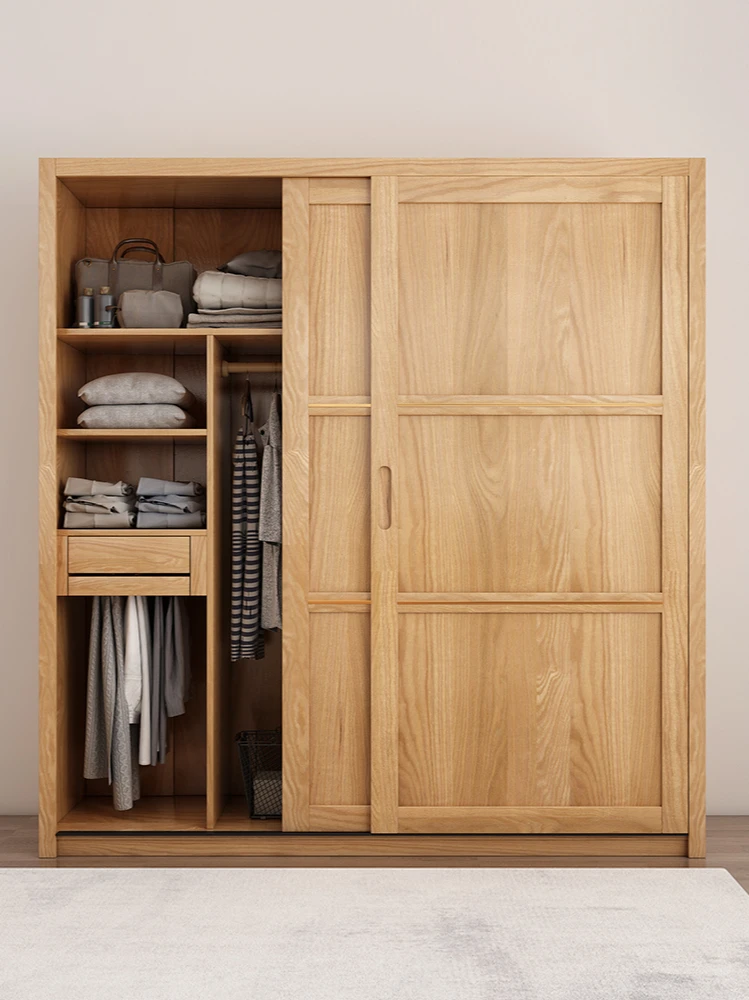 Wardrobe oak log modern simple sliding door sliding door wooden storage bedroom wardrobe