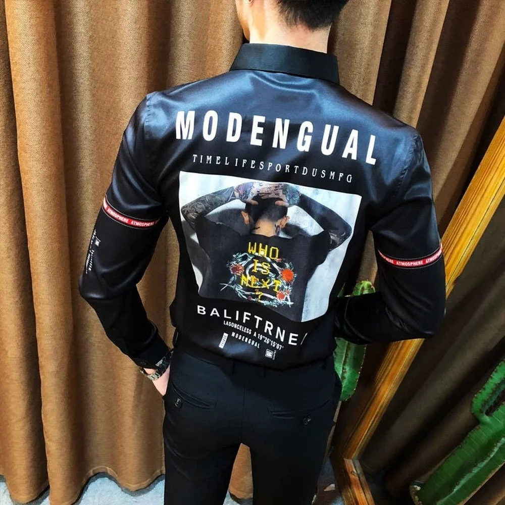 Spring  Autumn Men's Long-sleeved Shirts,back Character Printing Long-sleeved Shirts,men's Casual Handsome Long-sleeved Shirts