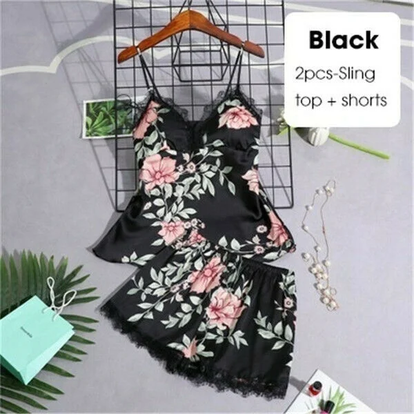 Kupokasi 2/3/4/5Pcs Women Pajama Silk Floral Overall Print PJ Set Satin Pyjamas Sexy Lace Pyjama Nighties Sleepwear Home Clothes