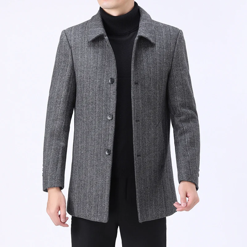 Coat Woolen Mens 2022 New Turn-Down Collar Single Breasted Pockets Solid Male Business Casual Winter Trench British Style