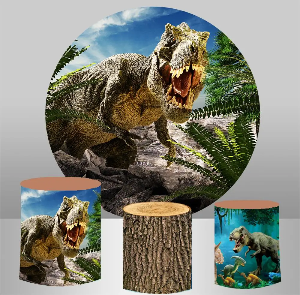 Round circle panel backdrop dinosaur themed boy birthday party decor dessert table baby shower fabric 3 cylinder plinth cover