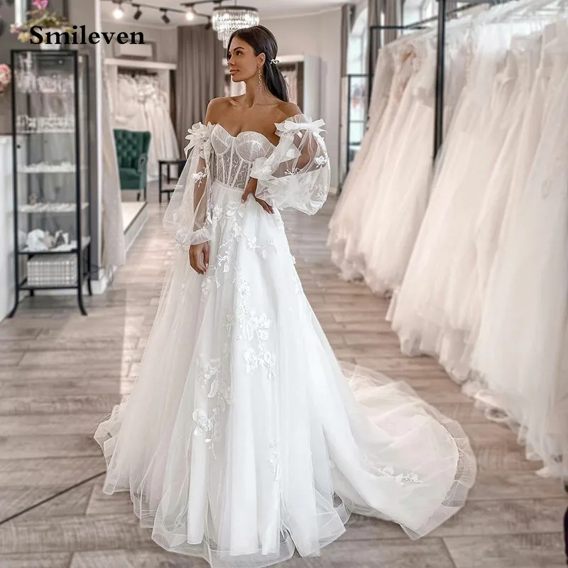 Smileven 3D Lace Wedding Dress With Detachable Puff Sleeve 2022 A Line Sweetheart Bridal Gowns Appliqued Lace Wedding Gowns