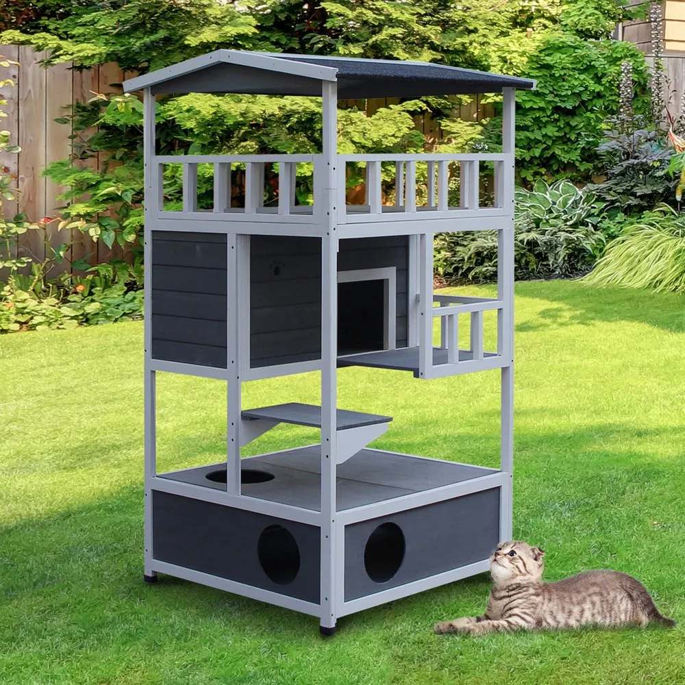 PawHut wooden cat house 75,5x75x137 cm with gray asphalt roof