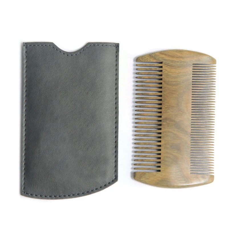 

Natural Wood Hair Brush Beard Comb with PU Leather Case Anti-Static Mustache Pocket Natural Sandalwood Fine Dual Beard Comb