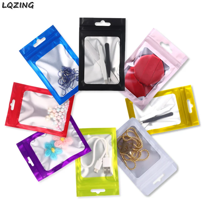 

New 2021 Frosted Window Zip lock Bag Pouches Cosmetic Aluminim Foil Baggies Makeup Electronic Accessories Hang Bags 100pcs/lot