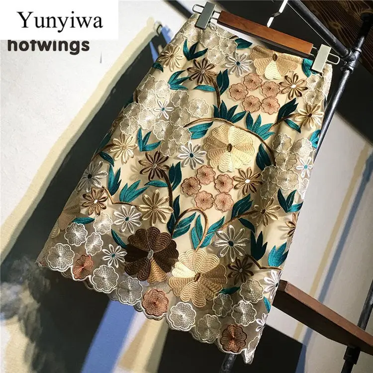 Embroidered Skirt over the Knee 2024 Spring and Summer Mesh A- line Lace Skirt Woman Skirts Mujer Faldas Saias Mulher