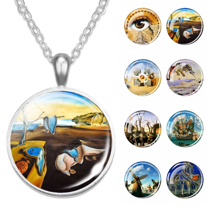 Salvador Dali Painting Necklace Glass Cabochon Jewelry Pendant Men Women Soft Watch At The Moment of Explosion Souvenir Gifts