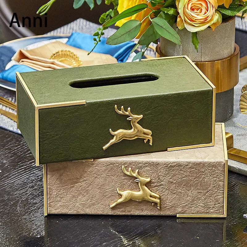 

Nordic Modern Leather Tissue Boxes Creativity Copper Deer Decorative Paper Towel Storage Box Home Metal Iron Frame Napkin Holder