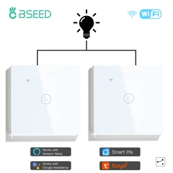 BSEED 2Packs Wifi Touch Switch 1Gang 1/2/3 way Smart Wall Light Switch Wireless Alexa Switches Tuya Home Switch 3 Positions