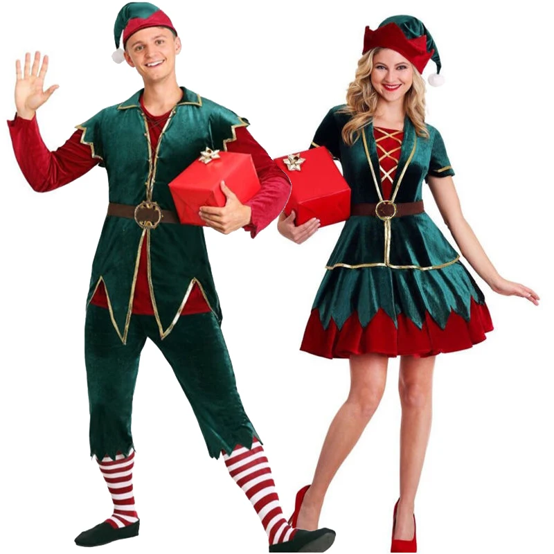 

Couple Holiday Helper Santa Claus' Elf Costume Velvet Christmas Jolly Fancy Party Dress Cosplay Carnival Halloween