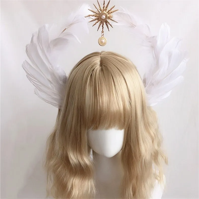 

Lolita Sun Godmother's Headwear Headband KC Gothic White Angel Wings Virgin Mary Bead Chain Baroque Tiara Hair Accessories