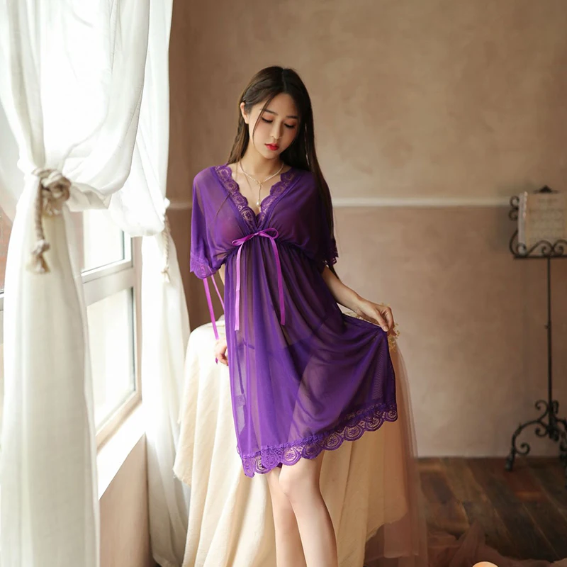 Sexy mousse nightdress for Women's Lingerie nightie blue Loose Deep V shawl strap nightwear home lace sleepwear skirt  sloth