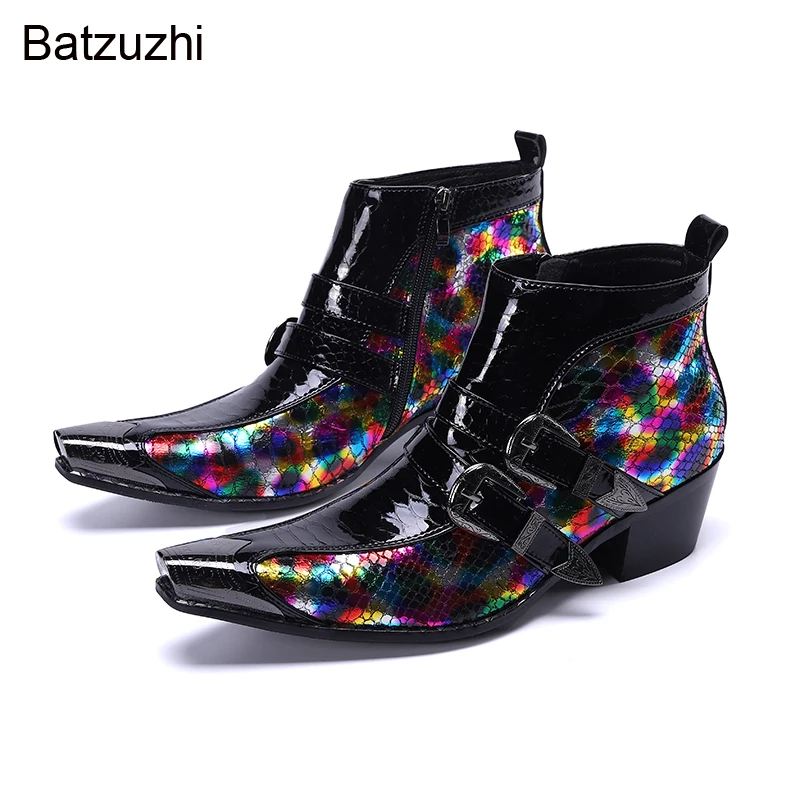 Batzuzhi Luxury 6.5CM Heels Men's Boots Shoes Metal Toe Genuine Leather Ankle Boots Men Muti Knight Botas Hombre Party/Wedding