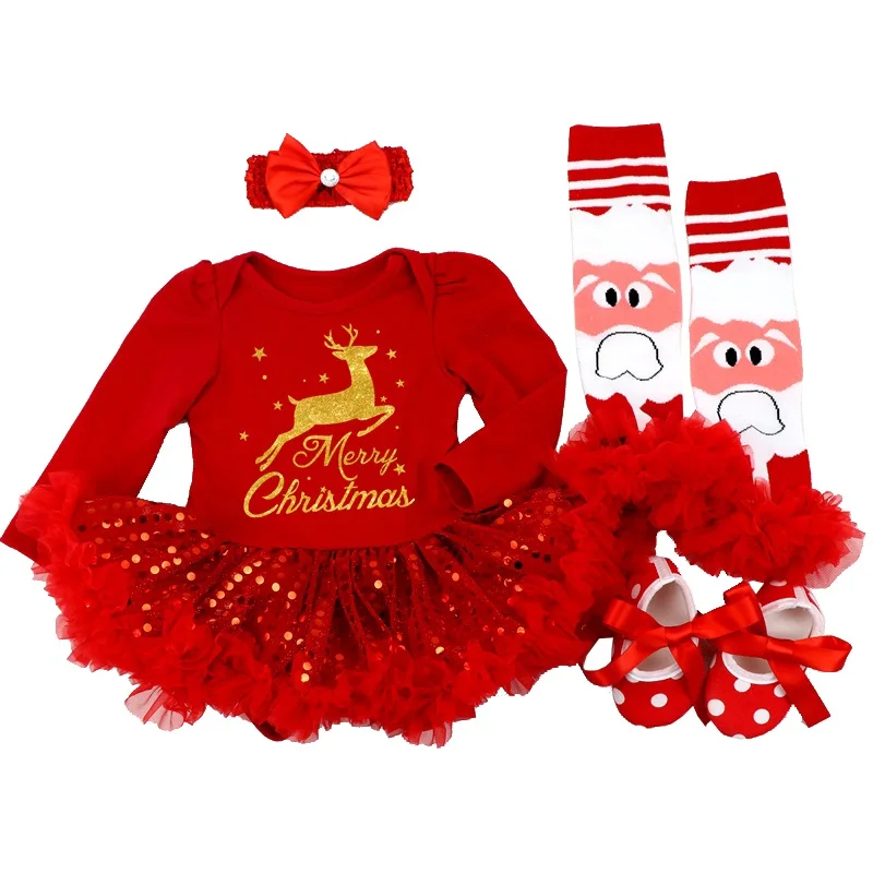 Baby Girl Dresses Red Elk Bling-bling Tulle Dress for First Christmas Dress+Shoes+Headband+Socks 4pcs Suit Kids Clothes 6 12 18M