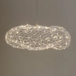 Modern Nordic LED Starry Decoration Wire Net Mesh Cloud Shape Metal Weaving Iron Hanging Light Droplight For Hotel Shopping Mall