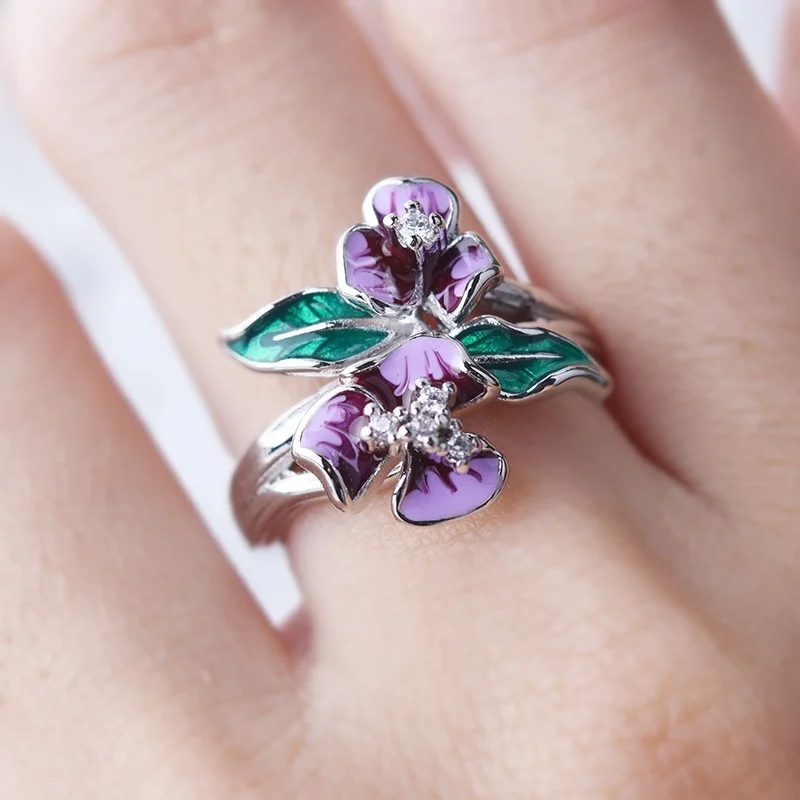 Irises Rings for Women Lady Temperament Flowers Ring Full Zircon Purple Enamel Rings Women Ring Wedding Band Ring Party Ring