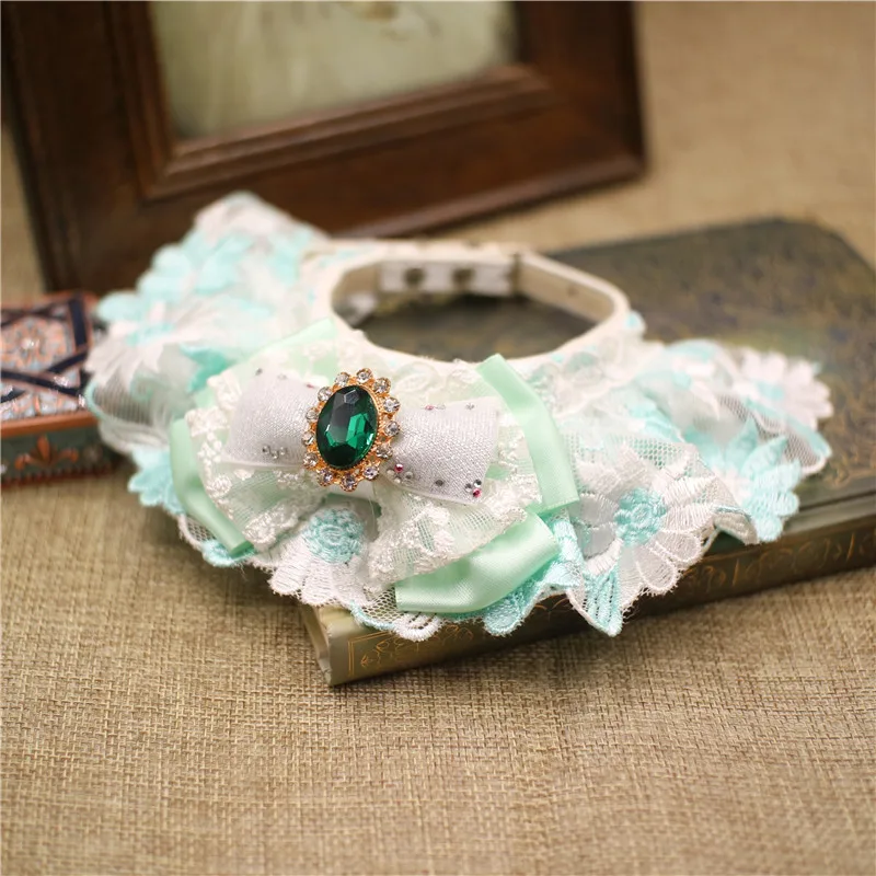 Handmade European Style Leather Dog Collar Pet Supplies Accessories Emerald Lace Gem Bow Knot Small Cats Puppy Poodle Yorkie